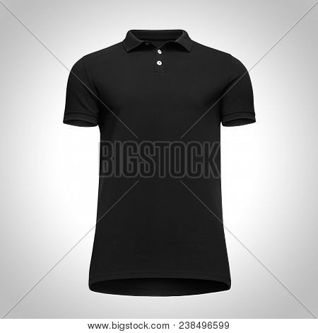Blank Template Men Black Polo Shirt Short Sleeve, Front View Bottom-up, Isolated On Gray Background 