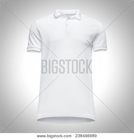 Blank Template Men White Polo Shirt Short Sleeve, Front View Bottom-up, Isolated On Gray Background 