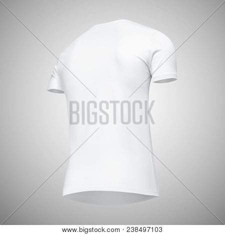 Blank Template Men White T Shirt Short Sleeve, Back View Bottom-up Half Turn, Isolated On Gray Backg
