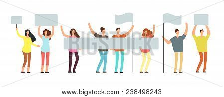 Crowd Of Protesting People With Banners, Flags. Voting Students At Demonstration. Political Meeting 