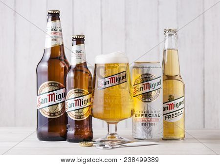 London, Uk - April 27, 2018: Glass Bottles Of San Miguel Lager Beer On Wooden Background With Origin