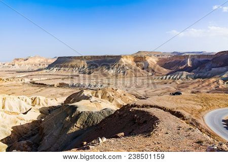 Panoramic View On Biggest Canyon In Israel Mizpe Ramon In Negev Desert