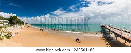 HERVEY BAY, AUS - APRIL 1 2018: People enjoying nice summer day on a beach in Hervey Bey, Queensland, Australia