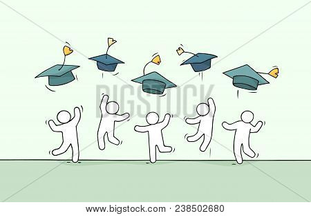 Sketch Of Little People Celebrate Graduation. Doodle Cute Miniature Scene About End Of College. Hand