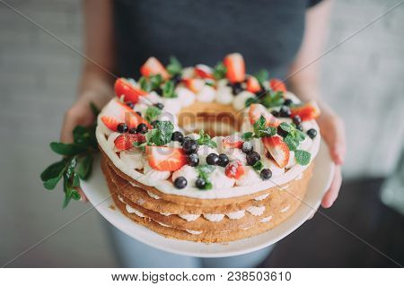 Fruit Cake With Strawberries Mint And Blueberry
