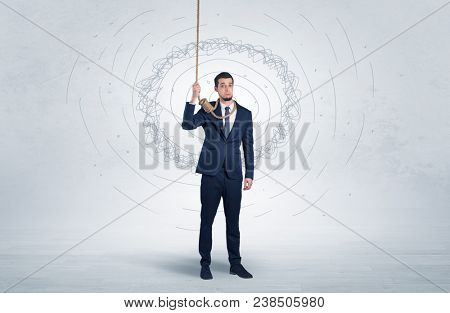 Burnout young elegant businessman trying to suicide with doodle concept