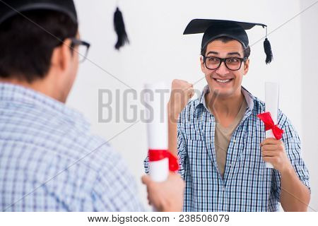 Young student planning graduation speech in front of mirror