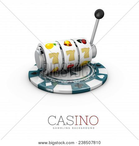 3d Illustration Of Slot Machine With Casino Chip.