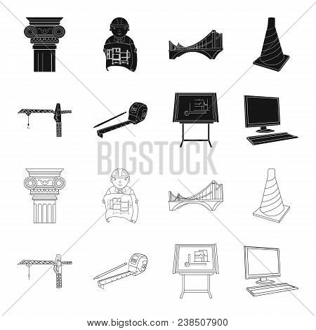 Construction Crane, Measuring Tape Measure, Drawing Board, Computer. Architecture Set Collection Ico