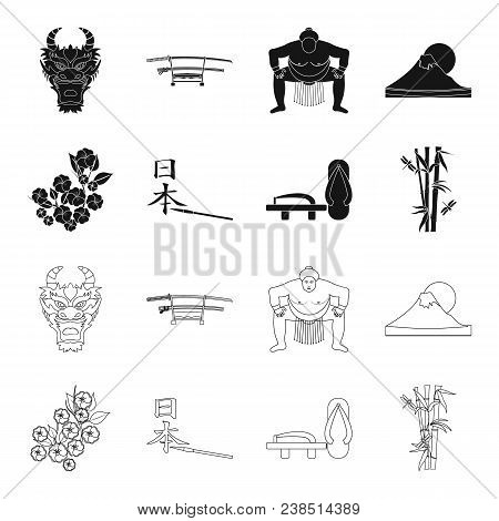 Geta, Sakura Flowers, Bamboo, Hieroglyph.japan Set Collection Icons In Black, Outline Style Vector S