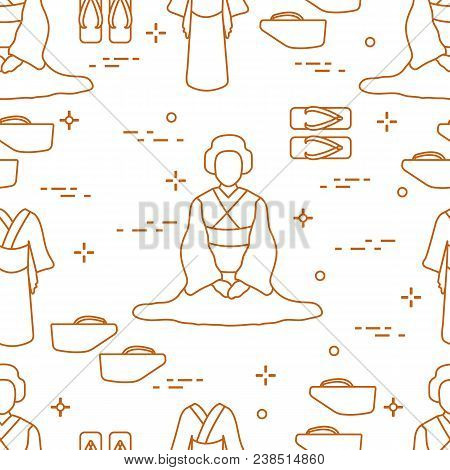 Seamless Pattern With Asian Woman, Traditional Japanese Clothing, Shoes. Travel And Leisure.