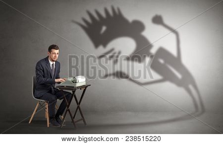 Man working hard and he is afraid of a yelling shadow