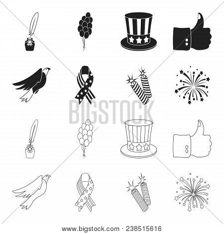 American Eagle, Ribbon, Salute. The Patriot Day Set Collection Icons In Black, Outline Style Vector 