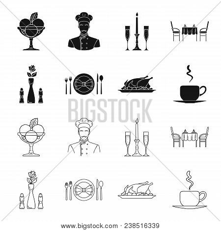 Vase With A Flower, Table Setting, Fried Chicken With Garnish, A Cup Of Coffee.restaurant Set Collec