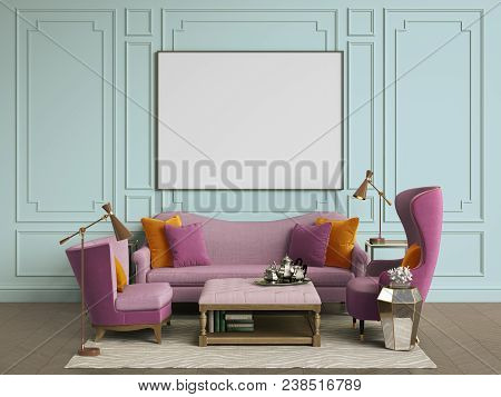 Classic Interior Room With Copy Space.sofa And Armchairs,sidetables With Lamps,table With Decor. Int