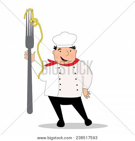 Happy Cook With Hat In Uniform. Chef With Big Fork. Vector Illustration.