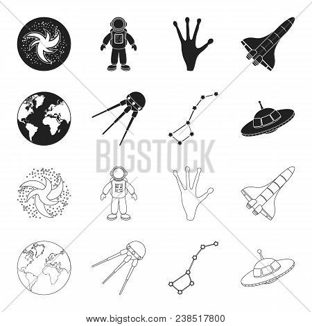 Planet Earth With Continents And Oceans, Flying Satellite, Ursa Major, Ufo. Space Set Collection Ico