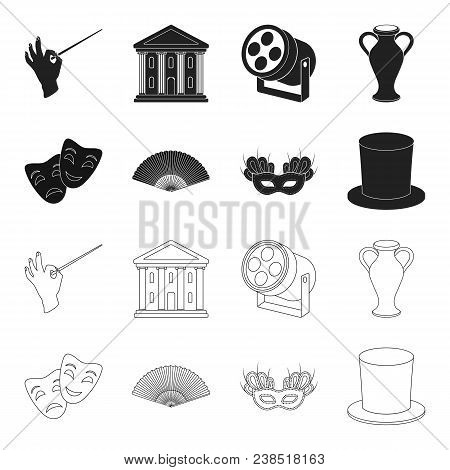 Theatrical Mask, Cylinder, Fan, Mask On The Eyes. Theater Set Collection Icons In Black, Outline Sty