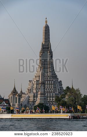 Close-up Of The Central Tower Of The Wat Chaeng Temple On The Banks Of The Chao Phraya River In The 