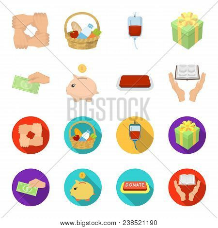 Hand With Money For Poshestvovaniya, A Piggy Bank For Charity, A Button With An Inscription, A Book 