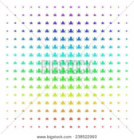Octopus Icon Rainbow Colored Halftone Pattern. Vector Octopus Objects Organized Into Halftone Grid W
