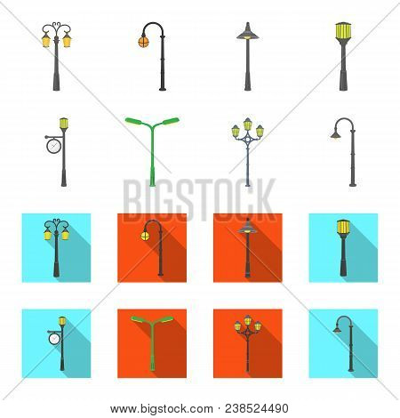 Lamppost In Retro Style, Modern Lantern, Torch And Other Types Of Streetlights. Lamppost Set Collect