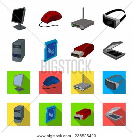 A System Unit, A Flash Drive, A Scanner And A Sd Card. Personal Computer Set Collection Icons In Car