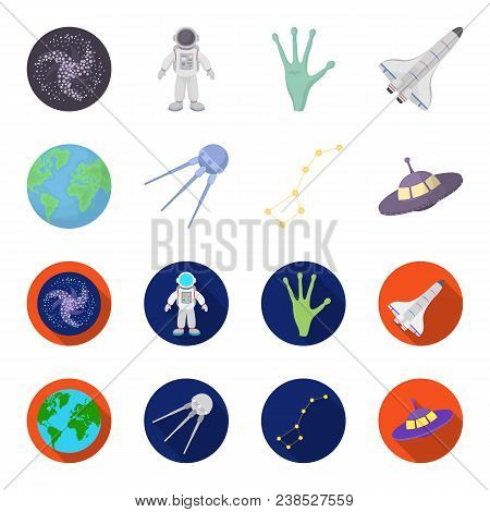 Planet Earth With Continents And Oceans, Flying Satellite, Ursa Major, Ufo. Space Set Collection Ico