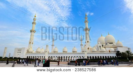 Abu Dhabi, Uae - April 27, 2018: Back View Of Sheikh Zayed Grand Mosque, The Largest Mosque In The U