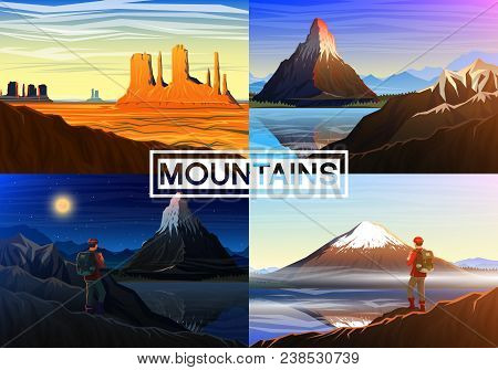 Mountain Everest, Matterhorn, Fuji With Tourist, Monument Valley, Morning Panoramic View, Peaks And 