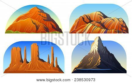 Mountains Peaks, Landscape Early In A Daylight, Big Set. Monument Valley, Matterhorn, Roraima And Ra
