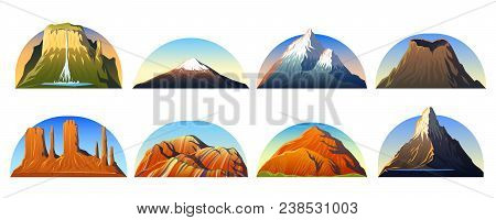 Mountains Peaks, Landscape Early In A Daylight, Big Set. Monument Valley, Matterhorn, Roraima, Fuji 