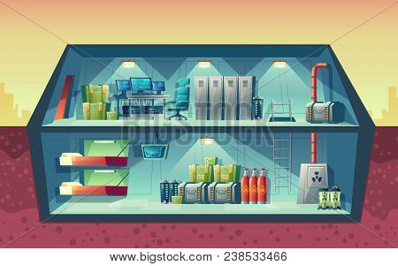 Vector Cross Section Of Secret Bunker, Interior Of Scientific Laboratory For Creation. Cartoon Isola