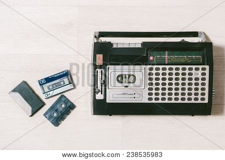 Old Cassette Tape Recorder. Top View. Layflat