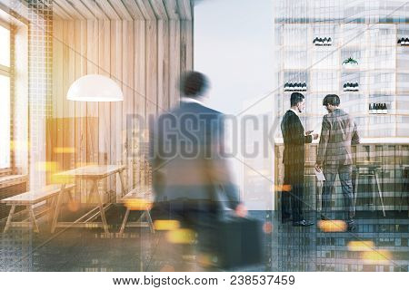 Business People In A Ooden And White Wall Bar Interior With A Concrete Floor, Wooden Tables And Benc