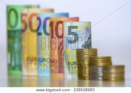 Straight Row Of Accurately Rolled Hundred, Fifty, Twenty, Ten And Five New Paper Euro Banknotes And 