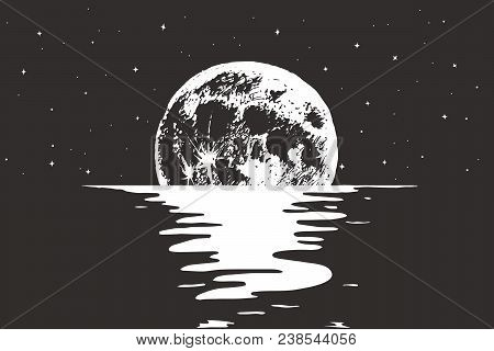 View To Full Moon At The Night Sea.nature Design.vector Illustration