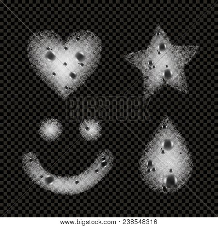 Soap Foam Monochrome Set With White Sudsy Elements In Shapes Of Heart Star Smiley Droplet On Dark Tr