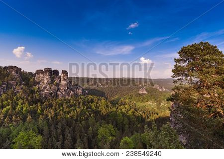 Bastei Rocks In Swiss Saxony, Around The Ruins Of Neurathen Castle. Germany In Summer