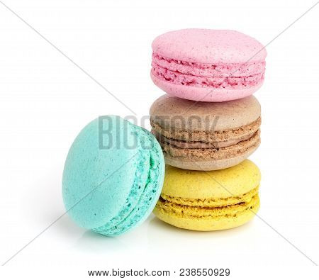 Colorful Macaroons Isolated On White Background Closeup.
