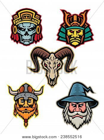 Mascot Icon Illustration Set Of Heads Of An Aztec Warrior Skull, Samurai Warrior,bighorn Sheep Skull