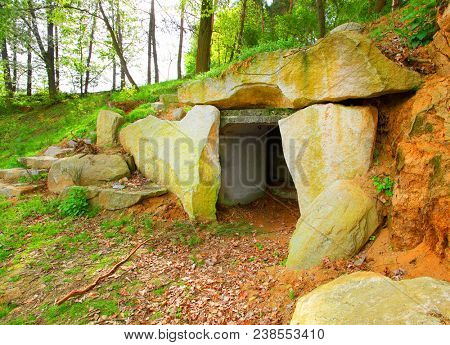 Ancient stone monument. Menhirs and dolmens near Tesovice. Famous place for every year rituals of fertility treatment.  Mysterious landmark in Czech Republic, Central Europe.