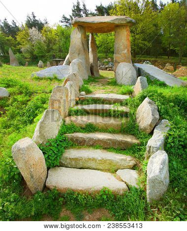 Ancient stone monument. Menhirs and dolmens near Tesovice. Famous place for every year rituals of fertility treatment.  Mysterious landmark in Czech Republic, Central Europe.
