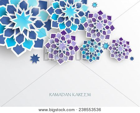 Greeting Card With Intricate Arabic Paper Graphic Of Islamic Geometric Art. Ramadan Kareem Is The Na