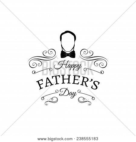 Fathers Day Card. Bow Tie, Swirly Filigree Frame, Flourich Pattern. Happy Fathers Day Lettering. Dad