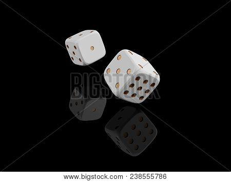 Casino Black Background With Dice 3d. Online Casino Banner. White And Gold Dice With Reflection Isol