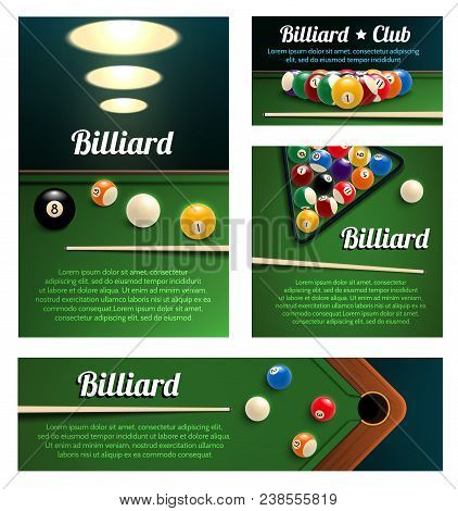 Billiard Club And Poolroom Banner Template. Billiard Pool Ball Pyramid In Starting Position With Cue