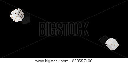 Casino Black Background With Dice. Online Casino Wide Banner With Place For Text. Top View Of White 