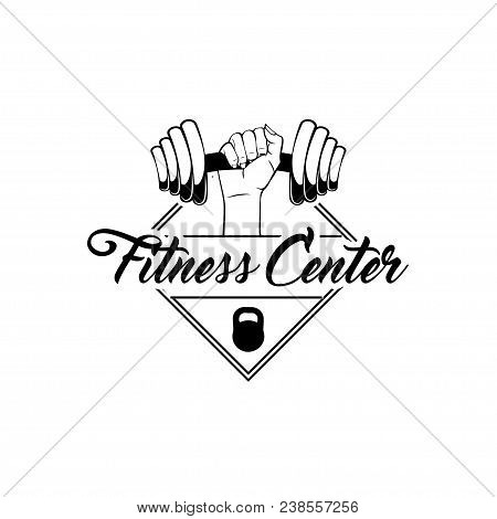 Dumbbell, Hand, Kettlebell Fitness Center Logo Label Embelm. Fitness Motivation Poster. Sport Equipm
