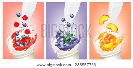 Set Of Berries And Fruit  In A Milk And Jiuce Splash. Design Template. Vector